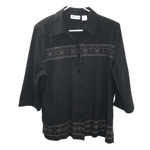 Carroll Reed Black Embroidered Button Front Blouse 3/4 Sleeve Size XL